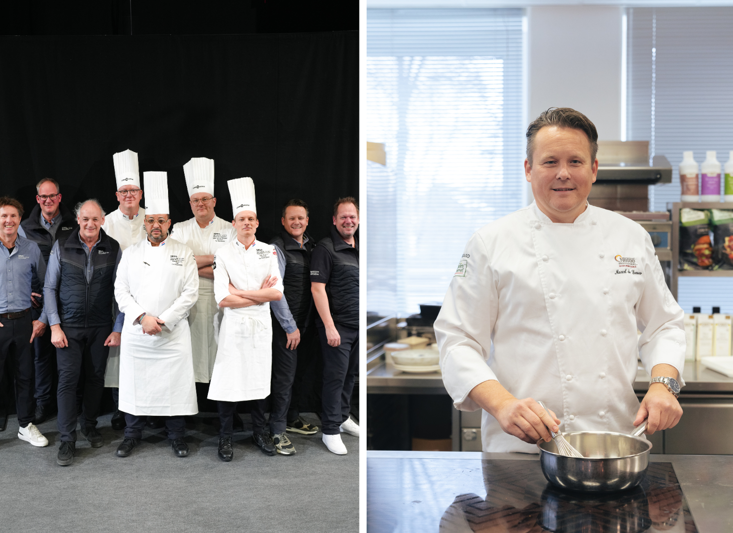 Team Bocuse d'Or 2024 (links), Marcel de Leeuw - Business Development Chef Nestlé Professional en bestuurslid Bocuse d'Or Nederland (rechts)