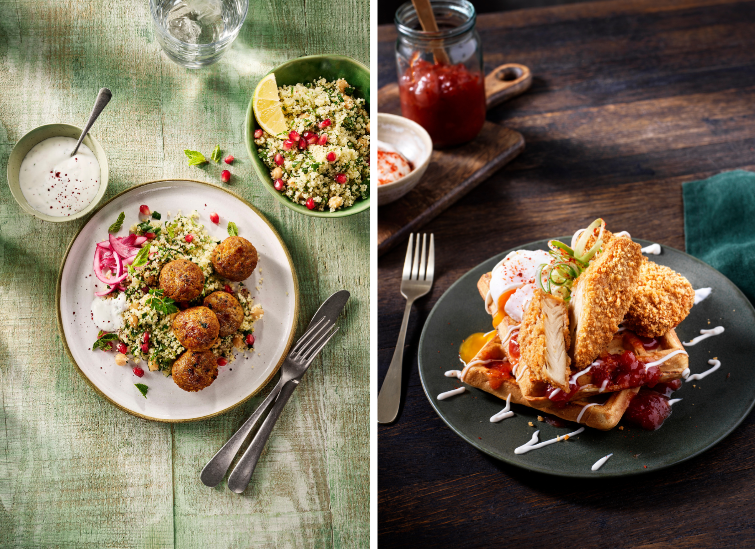 De nieuwe GARDEN GOURMET plantaardige falafel (links) en de Crispy Tenders (rechts) 