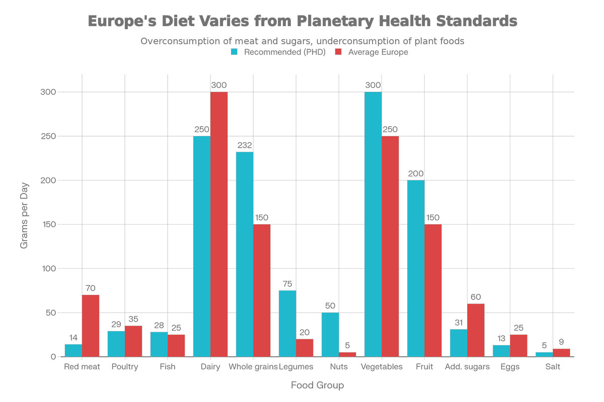 Bron: We're Smart | De richtlijnen van het Planetary Health Diet afgezet tegen de gemiddelde Europese inname
