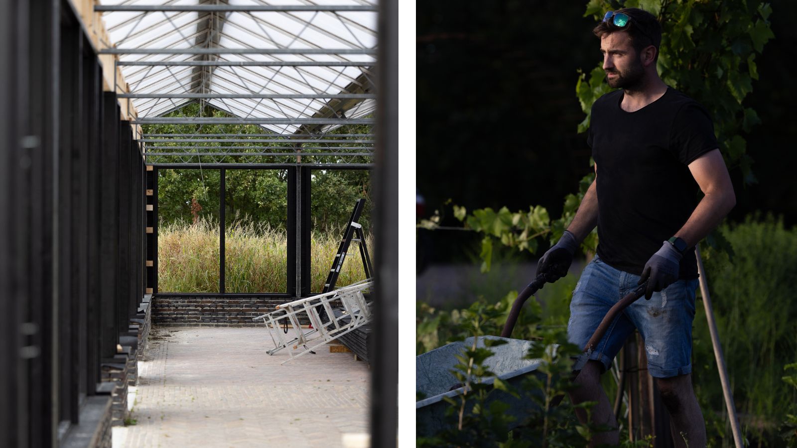 Foto links: de kas in aanbouw. Rechts: Christiaan Steijn aan het werk in de moestuin