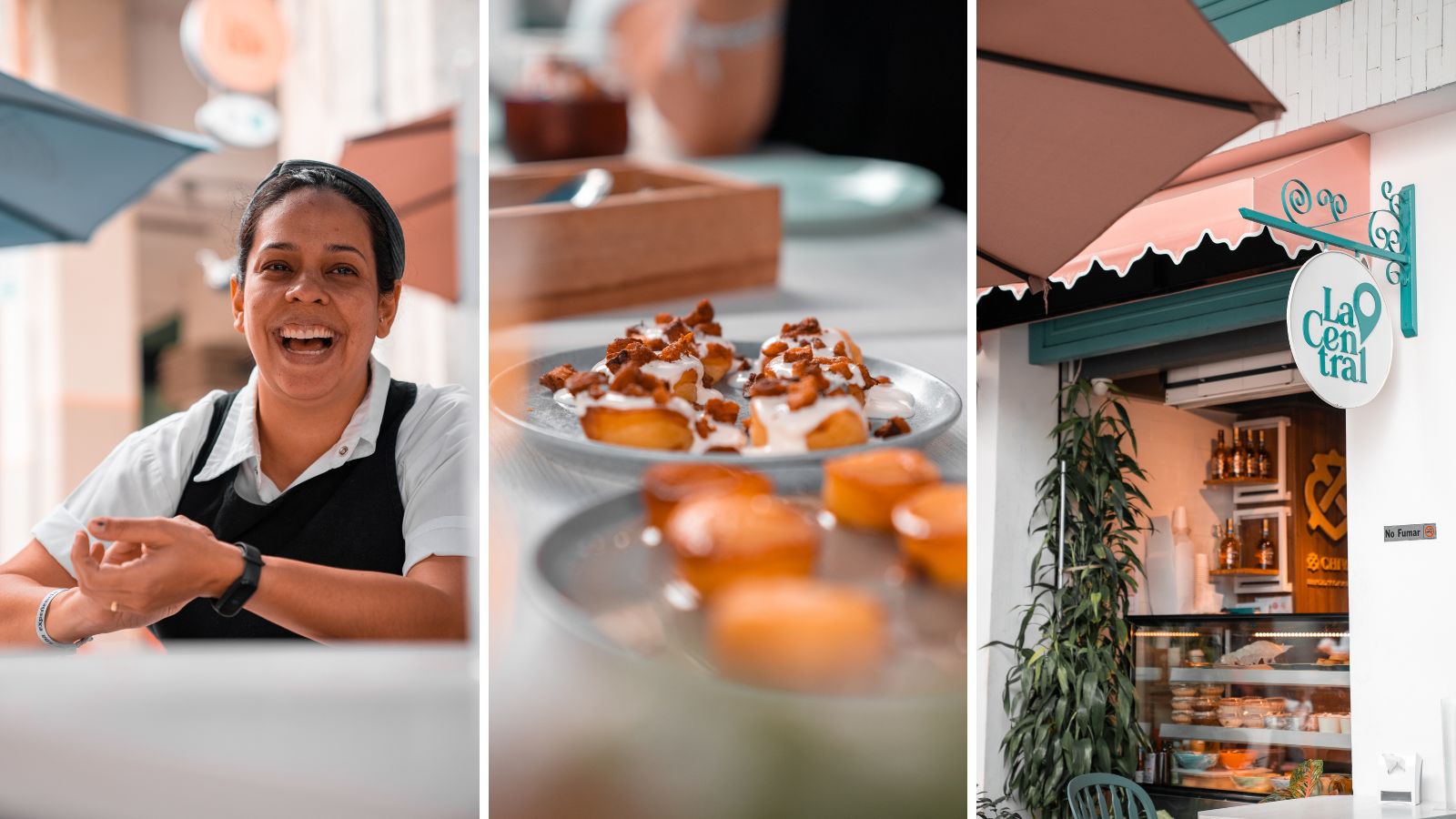 Links: chef Gabriela Cepeda | midden: de huisklassieker cassavesoufflé | rechts: de delishop naast het restaurant 