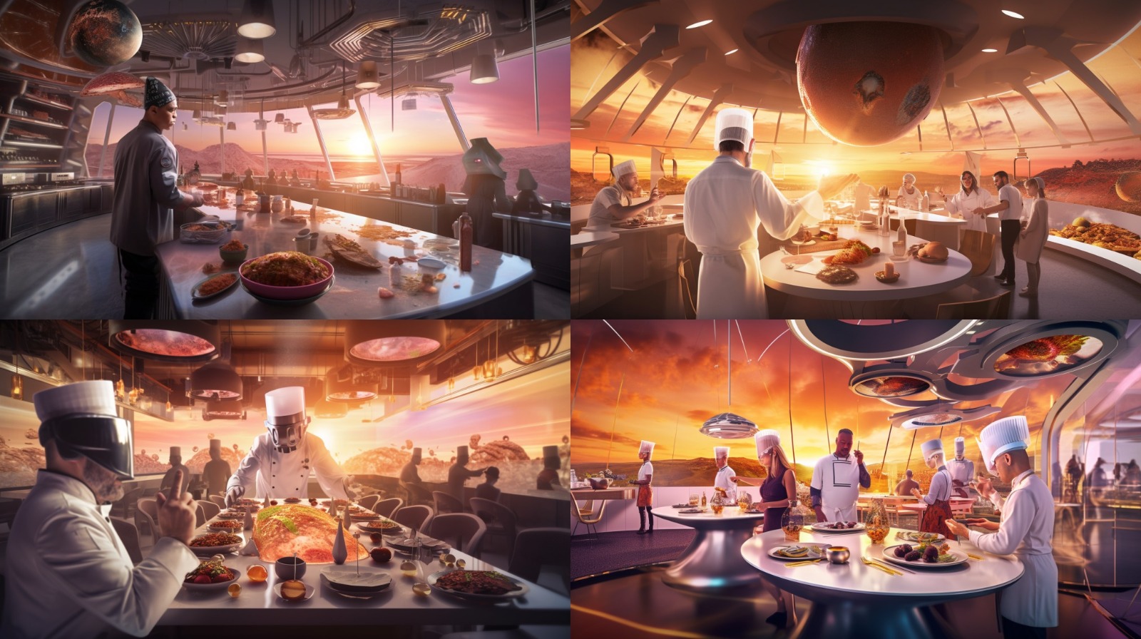 AI-interpretatie van het prompt 'photo of a chef in a futuristic restaurant surrounded by futuristic food and happy guests, realistic style with sunset', gecreëerd door Fabian Krausz met Midjourney