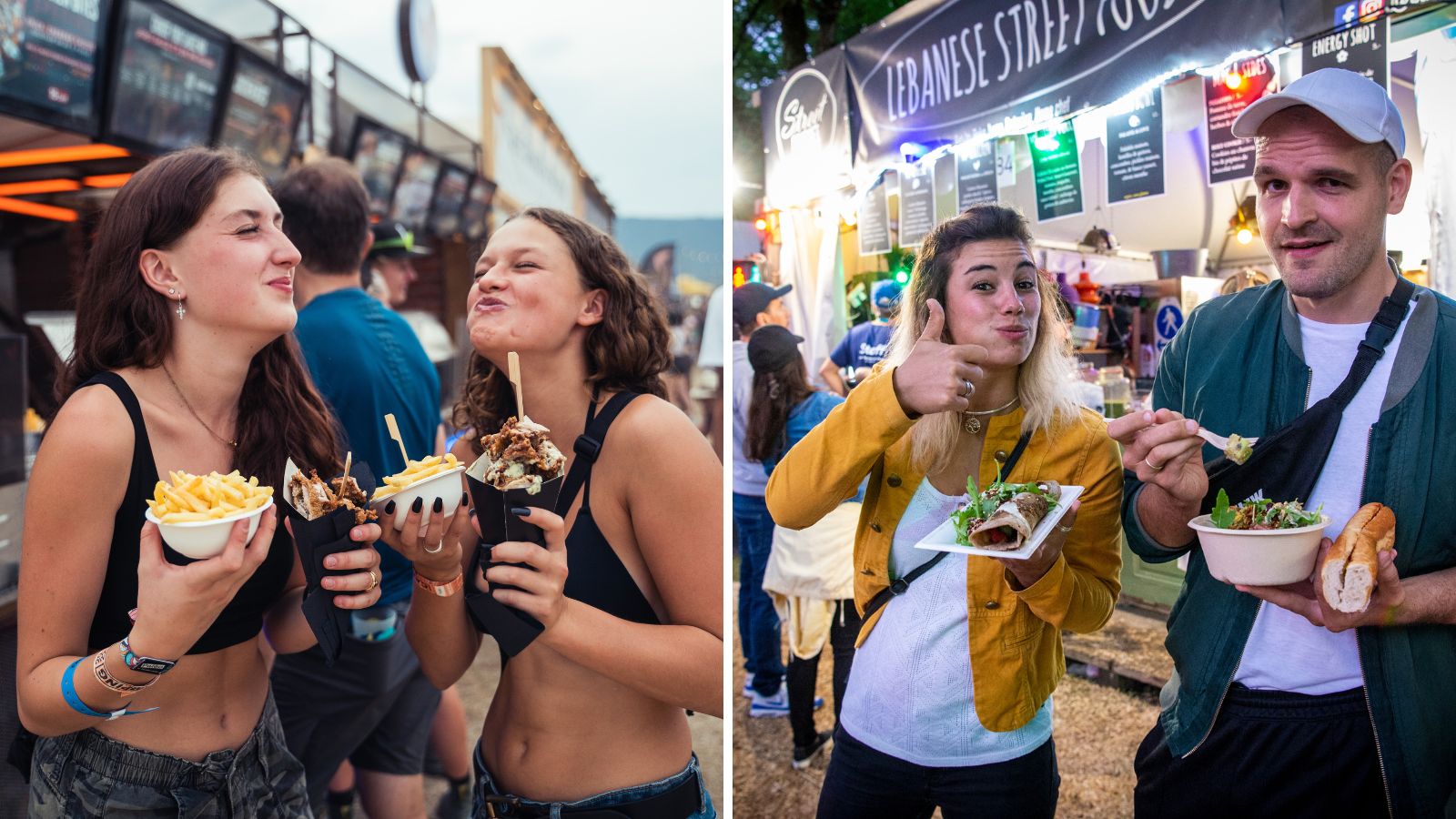 Food is een belangrijk deel van de festivalervaring. Foto's door: Timon Bachmann (links) en Anne Colliard (rechts)
