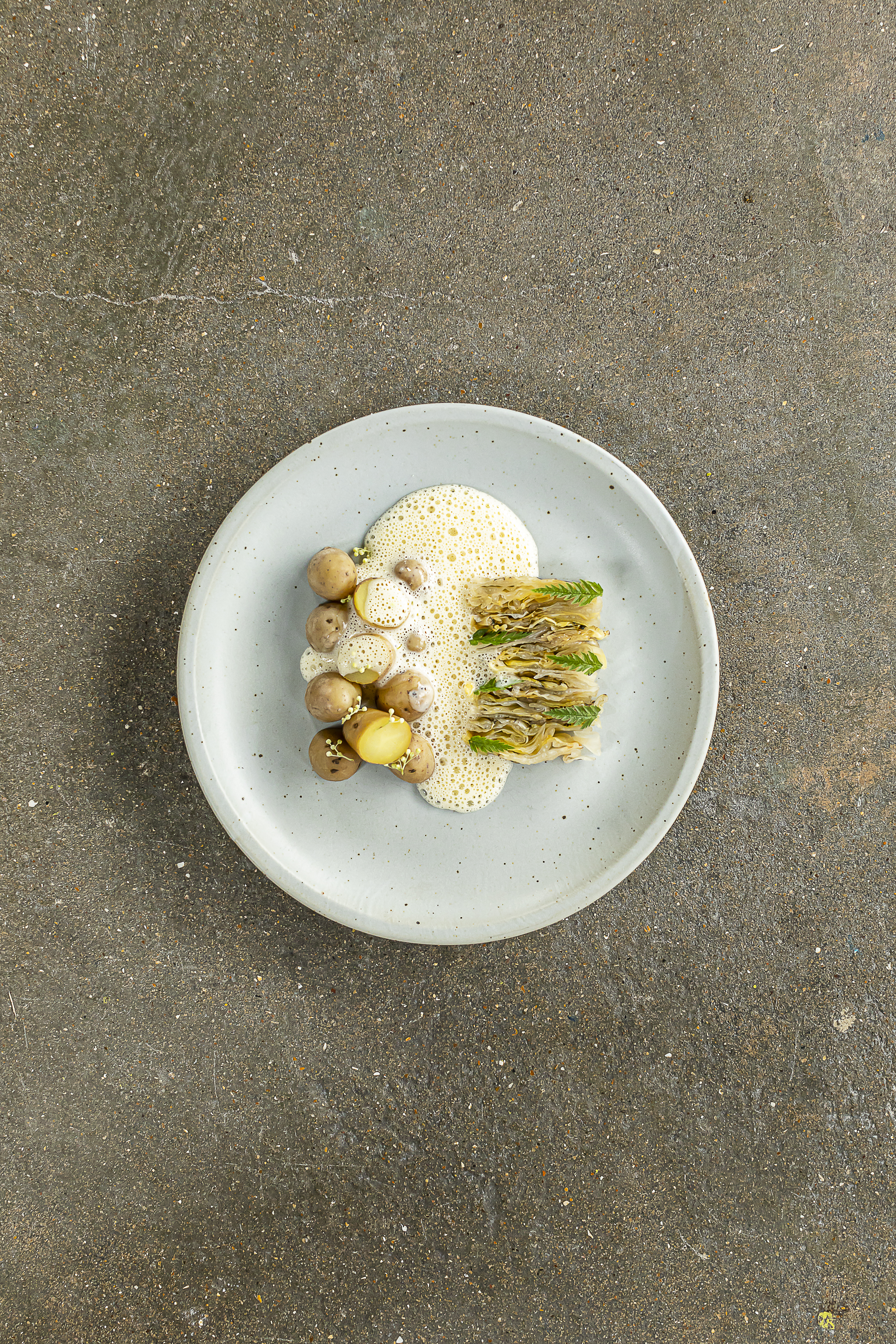 Groenlof en snijbiet in vlierbloessemkombucha met wei beurre blanc en aardappel 