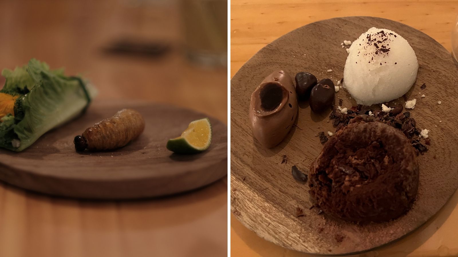 Links: krokant gebakken larve | rechts: dessert op basis van Ecuadoriaanse cacao