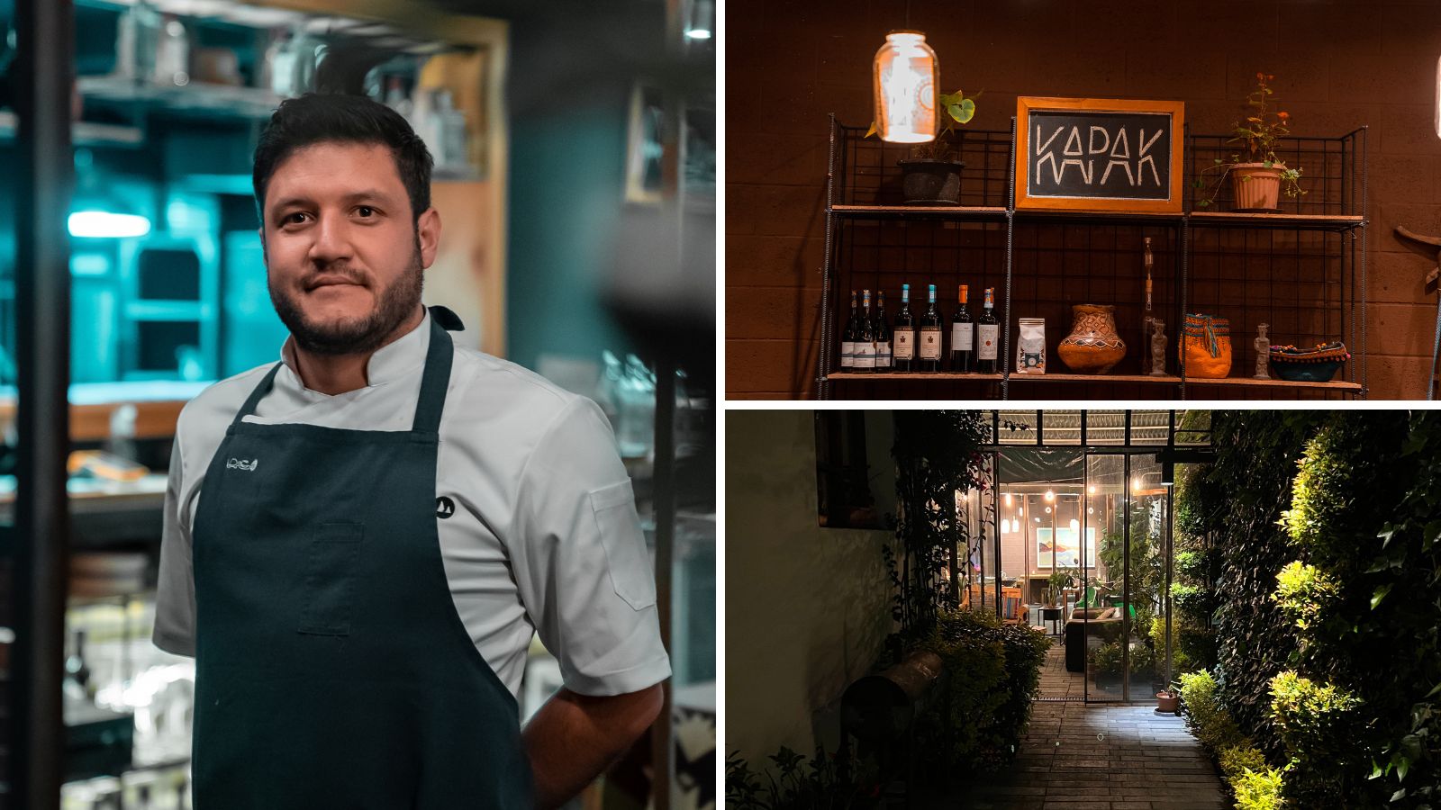 Links: chef Daniel Maldonado | rechtsboven: interieurdetail | rechtsonder: toegang tot restaurant