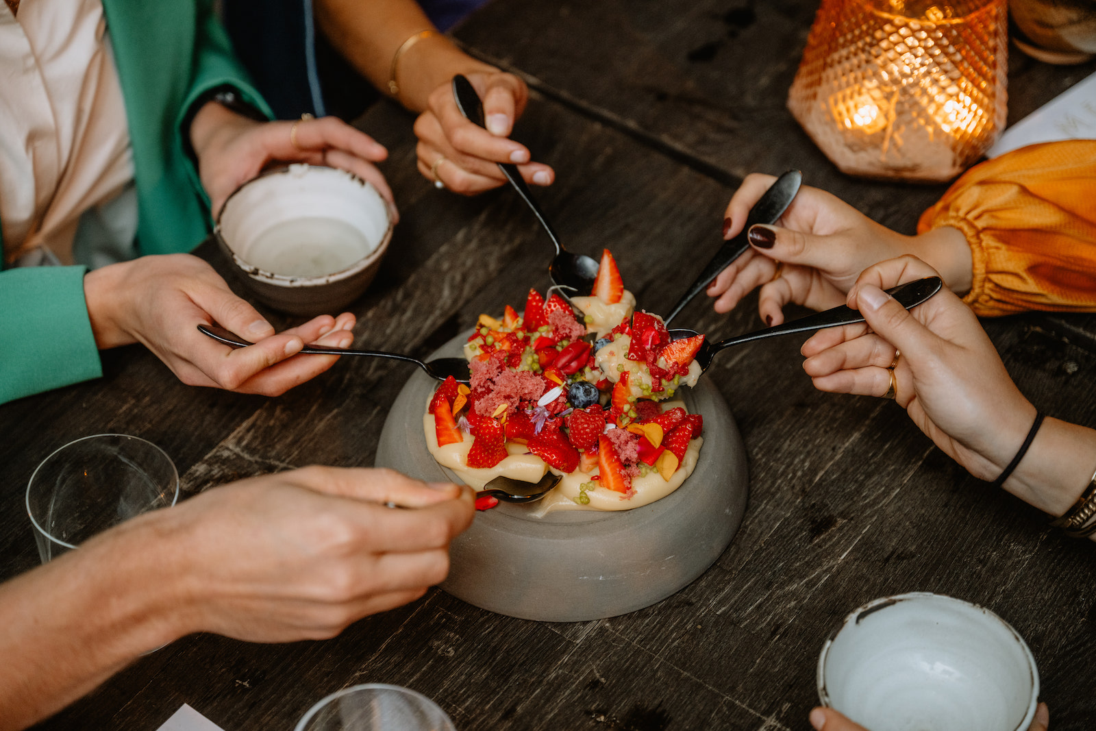 Sharing dessert in Mesa restaurant