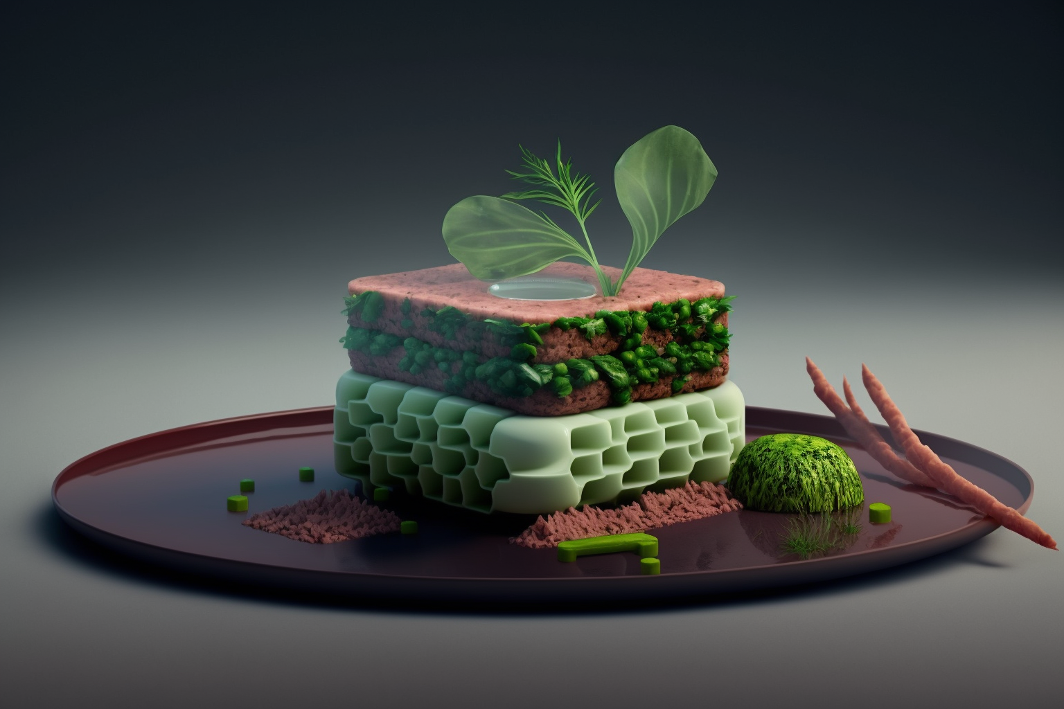 AI-generated image van een plantbased 3D-printed gerecht, door Chloé Rutzerveld